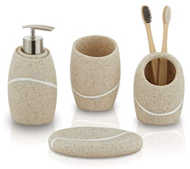 ZCCZ Badezimmer Set – 4-teiliges Organizer-Set mit Zahnbürstenhalter, Seifenspender, Schale für Kosmetik und Wattestäbchen – Elegante Deko in Steinoptik, Sandfarben für stilvolle Badgestaltung