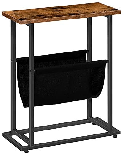 HOOBRO Schmaler Beistelltisch, Nachttisch Schmal, Industrieller Sofatisch mit Aufbewahrungstasche für Zeitschriften, Platzsparend, für Wohnzimmer, Schlafzimmer, Vintagebraun und Schwarz EBF81BZ01