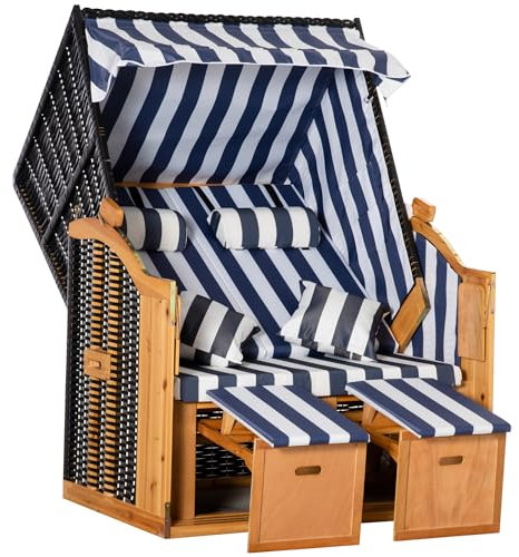Outsunny Strandkorb Ostsee Volllieger 2-Sitzer Strandkörbe aus Tannenholz, 5-stufige verstellbare Rückenlehne, Strandkorb mit Fußbänkchen Seitentische, PE Geflecht, Strandstuhl für Balkon, Blau+Weiß