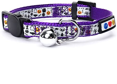 Pawtitas Katzenhalsband für Halloween, Verstellbar, Leuchtend im Dunkeln, Mit Sicherheitsschnalle und Abnehmbarer Glocke - Passend zu Katzenkostüm, Lila Muster