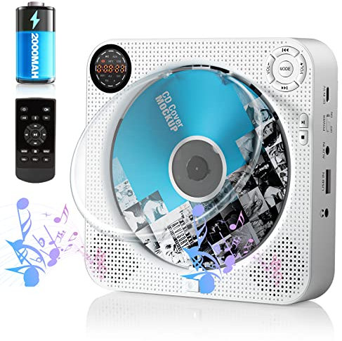 Lettore CD portatile con Bluetooth, lettore CD ricaricabile montabile a parete con altoparlanti Radio FM Lettore musicale Audio domestico con copertura antipolvere Schermo LED