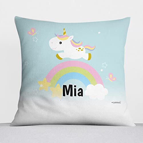 Dekokissen personalisiert Einhorn Rosa mit Füllung Name Couch Geschenk | 40 x 40 cm komplettes Namenskissen mit Bezug Füllkissen Wunschname Motivdruck für Kinderzimmer Sofa Bett Geschenk