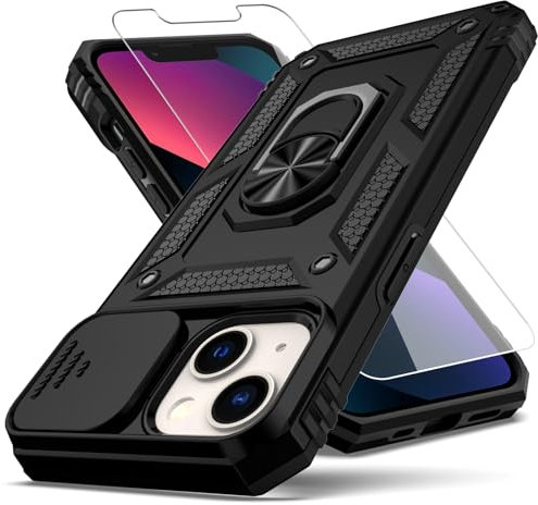 YZOK Custodia per iPhone 13, con copertura per obiettivo della fotocamera, pellicola protettiva per schermo HD, grado militare, supporto per auto con cavalletto ibrido rigido in PC morbido TPU