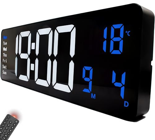 Opis Technology Clock 1 XXL - Digitale Wanduhr - Retro LED Wand Uhr mit Fernbedienung, Timer & Wecker, Temperaturanzeige, dimmbares Display, Weiß/Blau