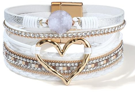 LOLIAS Bracelets Cuir pour Femmes Filles Bracelet Manchette Femme Cœur Bohème Bracelet Fait Main à Boucle Magnétique Bracelets Cadeaux pour Femmes Bijoux