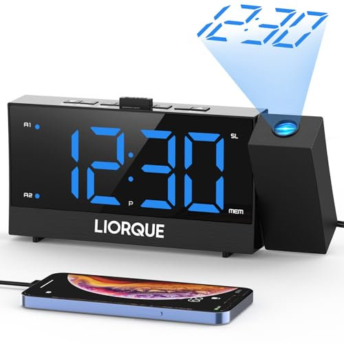 LIORQUE Reloj despertador proyector de techo, radio despertador con proyector de pantalla grande, despertador digital con doble alarma, función de repetición, ajuste de brillo continuo, 2 puertos USB
