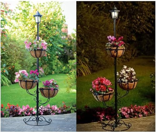 Homme Concept - White LED Solar Powered Flower Planter, 3 Tier Flower Planter, Flower Pot Holder Display for Garden Outdoor, Patio. Flower Plant Stand.