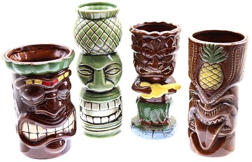 Tiki-Becher, tropisch, Cocktailglas, Tikis, Keramiktassen, inspiriert von polynesischen Kultur, exotische und tropische Getränke, hawaiianischer Cocktail, 4 Stück