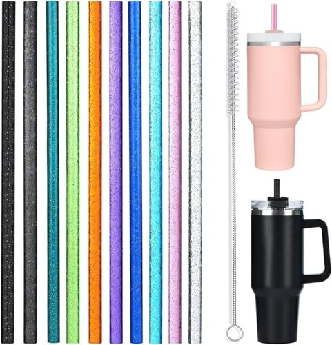 10 Pack Stanley Cup Straws - 12 inch Plastic Straw - 40/30 oz Tumbler Reusable Plastic Drinking Straws | Stanley Cup Accessories with Cleaning Brush (Glitter)
