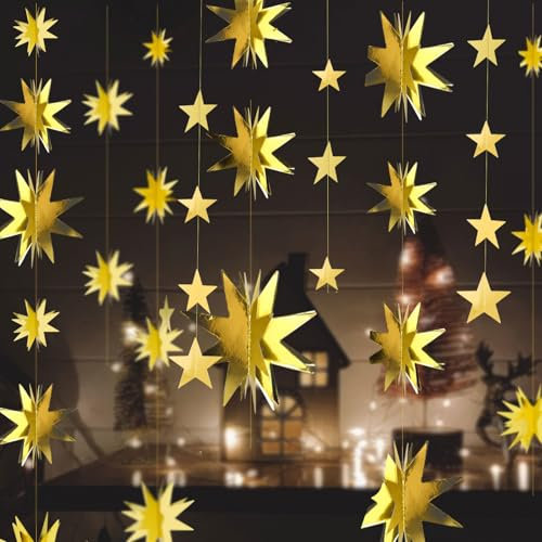 4pz Ghirlanda Natalizia Festone Stelle Dorate da Appendere al Soffitto Natale, Stelline Decorazione Albero di Natale Finestra Compleanno Capodanno Addobbi Allestimento Feste (Stelline Dorate-D)