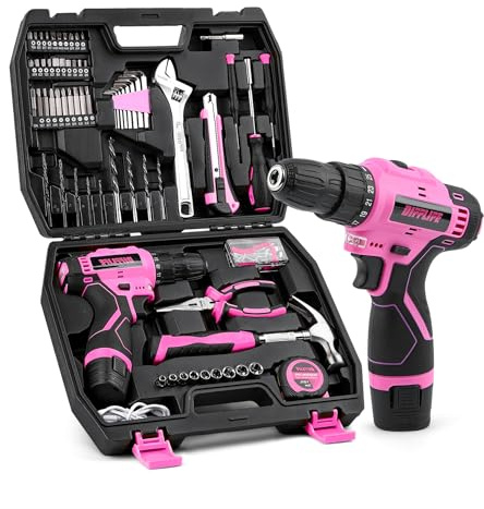 DIFFLIFE 147 Piece Pink Power Drill Drivers Tool Set, 12V Cordless