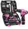 DIFFLIFE Juego de herramientas de taladro eléctrico rosa de 147 piezas con taladro inalámbrico de 12 V, juego de herramientas profesionales para el hogar, taladro eléctrico rosa, caja de herramientas