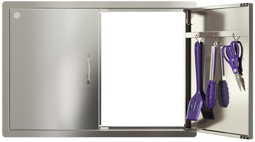 Sersper Outdoor Kitchen Door, 30 W x 21 H Stainless Steel Double Access Door with Venting Holes, Recessed Installation, 2 Ergonomic Handles, 6 Hooks, Ideal for Outdoor Kitchens and BBQ Islands