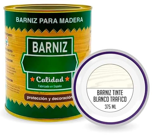 Tradineur - Bote de Barniz para Madera - Fabricado en España - Ideal para todo tipo de Maderas, vigas, cerchas, marcos, etc. - Capacidad de 375 ML - Blanco Trafico