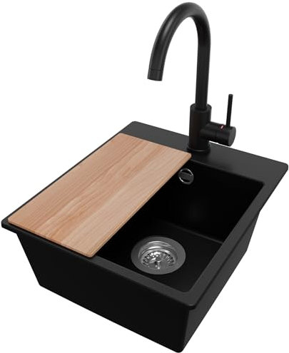 PRIMAGRAN Evier Cuisine en Granit Noir 38x44cm, Lavabo 1 bac + Robinet 32x20cm + Set d’accessoires, Évier à Encastrer al mueble 40cm - Riga Easy S027