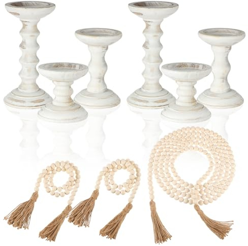 Reallnaive 6 Wood Candle Holders 3 Bead Garland Tassels Farmhouse Decor