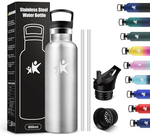 KollyKolla Thermosflasche 500ml, Wasserflasche Kohlensäure Geeignet, Auslaufsicher Wasserflasche mit Strohhalm, BPA-Frei, Doppelwandige Vakuumisolierte, Trinkflasche für Schule, Reisen, Camping
