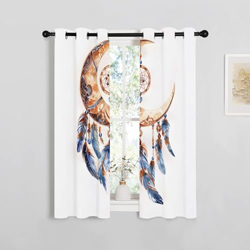 Qiwagu Vorhänge Braun Blau Blickdicht Gardinen mit Ösen Traumfänger Muster 2 Stück 137 x 117 cm (HxB) Vorhang Böhmen Verdunkelungsvorhang für Wohnzimmer Schlafzimmer, A111