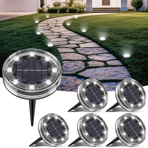 LOTMOS Solar Lights Outdoor Garden, 6 Pack 8 LED Solar Ground Disk Light | IP65 Waterproof, Garden Lights for Pathway Lawn Yard Patio Landscape Walkway, Cool White