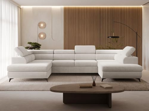 GRAINGOLD Argon U Ecksofa mit Schlaffunktion & Bettkasten 322x190 cm, U-Form Sofa mit Stauraum, Schlafcouch für Wohnzimmer, Velvet-Stoff, 5-Sitzer Wohnlandschaft, Modernes Design (Castel, Hellbeige)