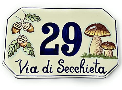 CERAMICHE D'ARTE PARRINI- Künstlerische italienische Keramik, Hausnummer 20x13 individuelle Dekoration Pilze und Eicheln, Fliesen handgemacht in Italien Toscana
