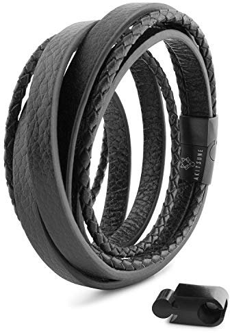 Akitsune Dark Matter Synthetisches Lederarmband | Magnetverschluss aus Edelstahl - Geflochtenes Männer Herren Armband inkl. schöner Schmuckschachtel - Schwarz-Schwarz - 17cm