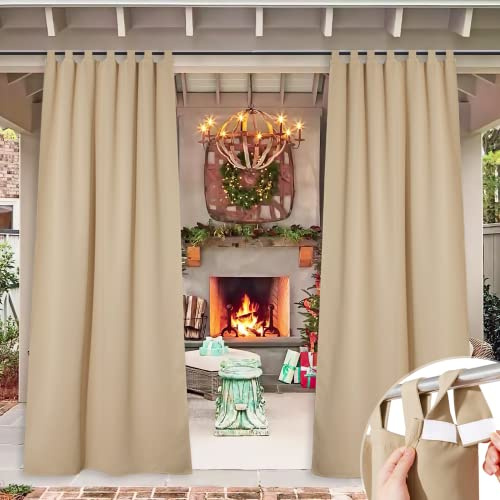 NICETOWN Detachable Sticky Tab Top Outdoor Curtain for Patio Waterproof, W52 x L108, Triple Weave Sun Block Wind Prevention, Thick Enough Protect You from Sun/Rain, Biscotti Beige, 1 Piece