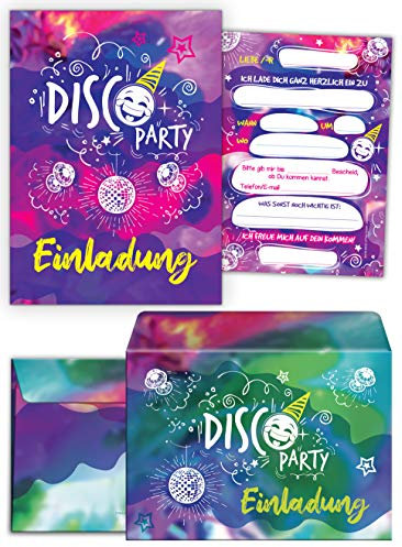 JuNa-Experten 12 Einladungskarten inc. 12 Umschläge zum Kindergeburtstag Mädchen Jungen Disco Party Einladungen zum Geburtstag