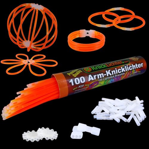 100 Arm Knicklichter | ORANGE | Geprüfte Qualität | Testurteil 1,4 sehr gut | 8h | 100 hoch elastische Verbinder | 2 Dreifach Connectoren | 2 Kreisverbinder, Menge:1 Rolle