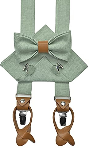 Leinen Accessoires: Fliege mit Leder, Hosenträger mit Leder, Einstecktuch, Manschettenknöpfe für Herren