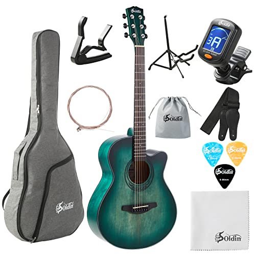Soldin 40 Zoll Akustikgitarre Premium Massive Fichtendecke Guitarre Bundle Kit mit Gigbag,Gitarrenständer,Stimmgerät,Gurt,Kapodaster,Saiten,Reinigungstuch und Plektren (Nilblau)