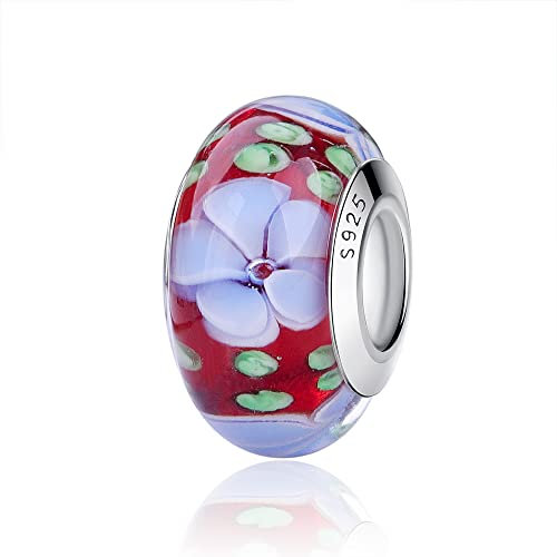 Nbsameng Breloque en Verre de Murano, Charms pour Bracelets et Chaînes pour Femme, Charm en Argent à 925, Breloques Compatibles Pandora, Gnoce et Trollbeads,Fleurs bleues