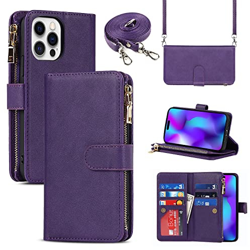 Cavor Compatible with iPhone 14 Pro Max Case With Card Holder With Strap,Flip Leather Crossbody Women Wallet Case,[9 Card Holders][2 Lanyards],Cover Phone Case - Purple