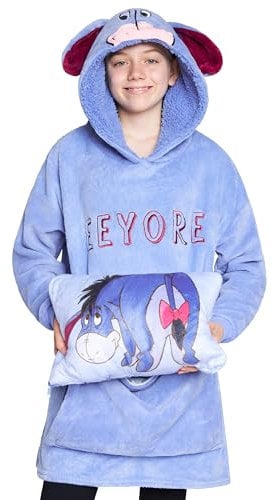 Disney Übergroße Kapuzenpullover Mädchen 2-in-1 Kissen Hoodie, Sherpa-Kapuze & 3D-Ohren One Size - Geschenke für Mädchen (Blau Eeyore)