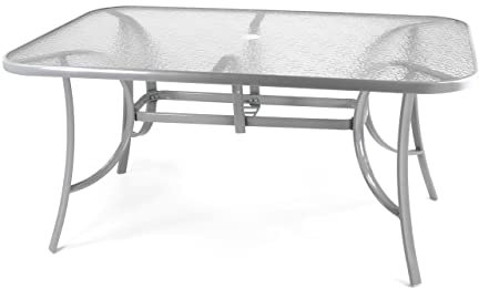 Nexos Trading Gartentisch Esstisch Terrassentisch Glastisch (Glasplatte: klar) – Silber-grau - 150 cm Stahl mit Schirmloch