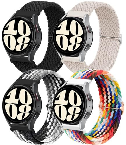 SOLOLUP 4 Pcs Bracelets Nylon Tressés pour Samsung Galaxy Watch 7/6/5/4/FE 40mm 44mm/Watch 6 Classic 43mm 47mm/5 Pro 45mm/4 Classic 42mm 46mm,20mm Élastique Ajustable Sports Bracelet pour Femme Homme