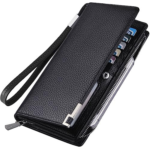 VANNANBA Lange Herren-Geldbörse aus echtem Leder, RFID-blockierend, mehrere Kreditkarten, große Kapazität, Reißverschluss, Reise-Clutch-Handgelenk, Schwarz, Casual