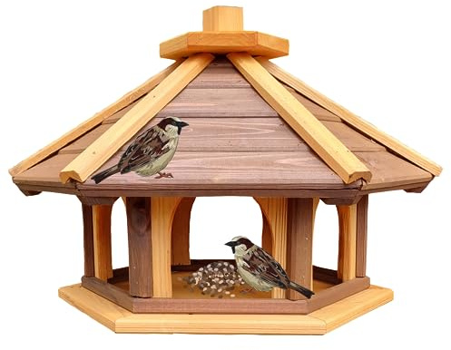 Vogel Futter Haus Futterstelle Sechseck aus Holz Vogelhaus,Vogelfutterhaus zum Stellen für den Garten.Futterstation für Wildvögel (Braun_ Gelb)