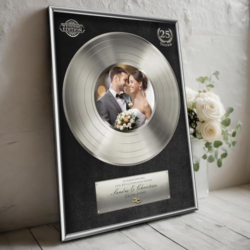 DUOMIO Geschenk für silberne Hochzeit/Goldene Schallplatte personalisiert inklusive edlem Rahmen | Größe, Design, Hintergrundfarbe frei-wählbar| High-Quality Druck
