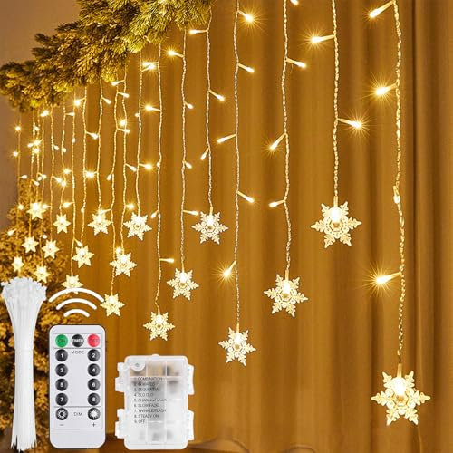 Lichtervorhang Fenster Weihnachten,4M 115 LED Vorhang Licht Batterie and USB,Weihnachtsbeleuchtung Fenster,Schneeflocken Lichterkette,Fenster Lichterkette Schneeflocken,smile Geburtstagsgeschenk