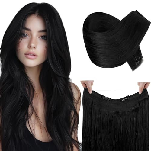 RUNATURE 30cm Extensions Wire Haar Einfarbig Schwarz 70g Remy Extensions Echthaar mit Draht Fish Line Haarverlängerungen Echthaar #1