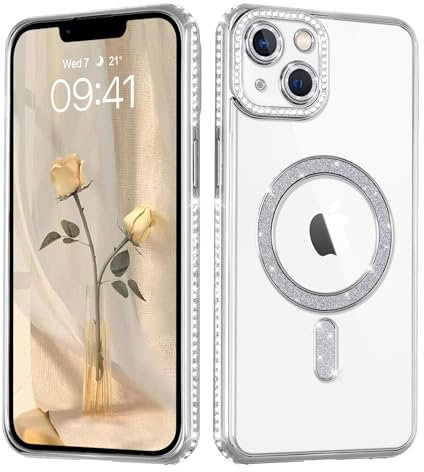 Coalbooliy Handyhülle für iPhone 14 Hülle Glitzer 6,1 kompatibel mit Mag-Safe, Plating Magnetic Durchsichtig Silikon Cover Bling Sparkly Diamond Camera Crystal Luxury Case Mädchen, Silber