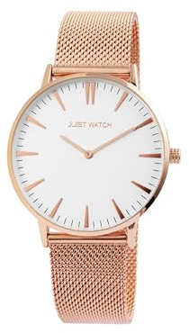 Just Watch Damen Uhr Lederarmband Schwarz 20cm lang Japanisches Quarzwerk Armbanduhr Geschenkidee zum Geburtstag für Frauen (Roségold/Weiß Edelstahl)