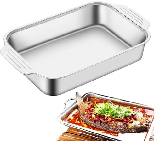 Bistecchiera con coperchio, griglia piatta in acciaio inox - Barbecue a forma di griglia rettangolare con coperchio, vassoio per pesce, vassoi per barbecue con manici, contenitori per cene in