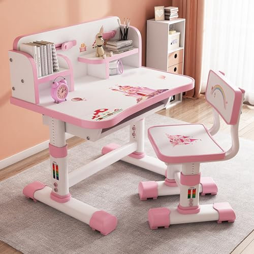 Kinder Tisch Stuhl Set, Kinderschreibtisch Höhenverstellbar,Schreibtisch Kinders Mädchen Mädchen & Jungs,Karikatur kinders Schreibtisch, Kinderschreibtisch Mit Stuhl und Schublade (Rosa)