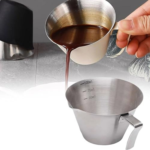 Tazza da caffè con manico, 100 ml, in acciaio inox, accessorio per caffè espresso, misurino in metallo con scala, brocca per espresso con bocca a V (argento)