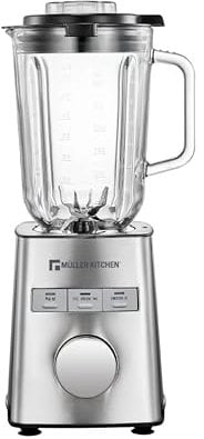 Muller Kitchen MK-6065 Batidora de vaso (1000W, Jarra de Cristal de 1,5L, Cuchilla INOX de 6 filos, 3 programas automáticos, 5 velocidades variables, Picadora de hielo, Carcasa INOX)