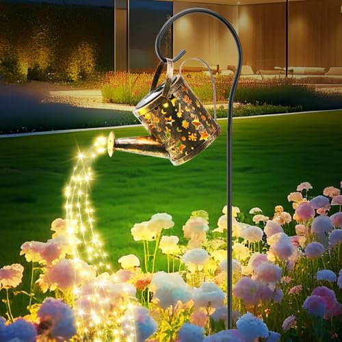 HHUWRUL Luces solares de metal para regadera, impermeables, para colgar en el jardín, patio, césped, regalos de cumpleaños para mamá, abuela, mujeres (blanco cálido)