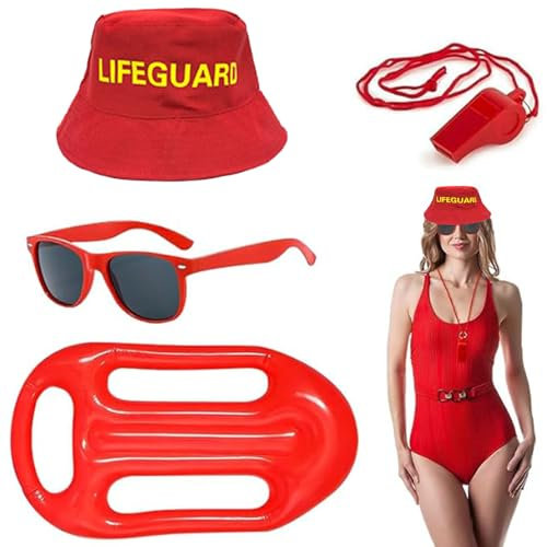 JOZMMZEOOA 4 Stücke Baywatch Faschingskostüme,Baywatch Kostüm Rettungsschwimmer Kostüm Set Enthalten Lifeguard Visor Cap Sonnenbrille Sportpfeifen Boje Rettungsring,für Fasching Karneval (A)