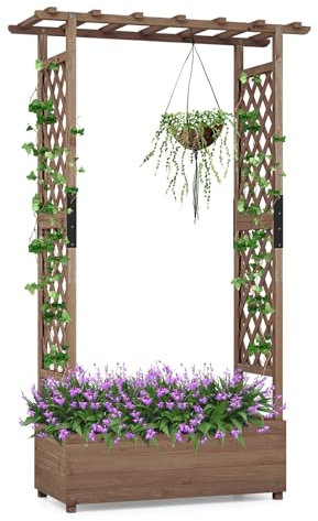 GOPLUS Hochbeet mit Rankgitter, Blumenkasten mit hängendem Dach & Ablauflöchern, Pflanzkasten Rankhilfe Pflanzkübel für Garten, Terrasse, Hof (110 x 44 x 182 cm,Braun)